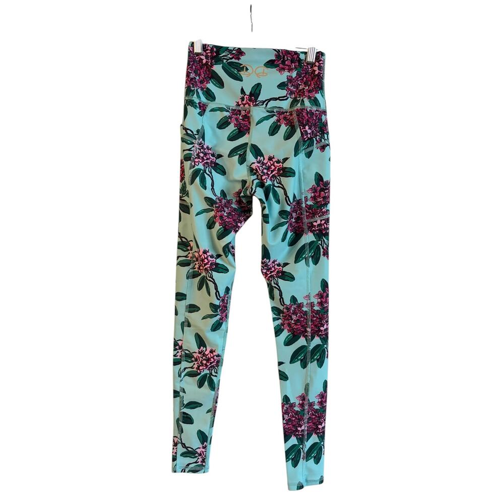 Dorothy Draper Rhododendron Sport Leggings Blue Floral Pockets Small High Rise